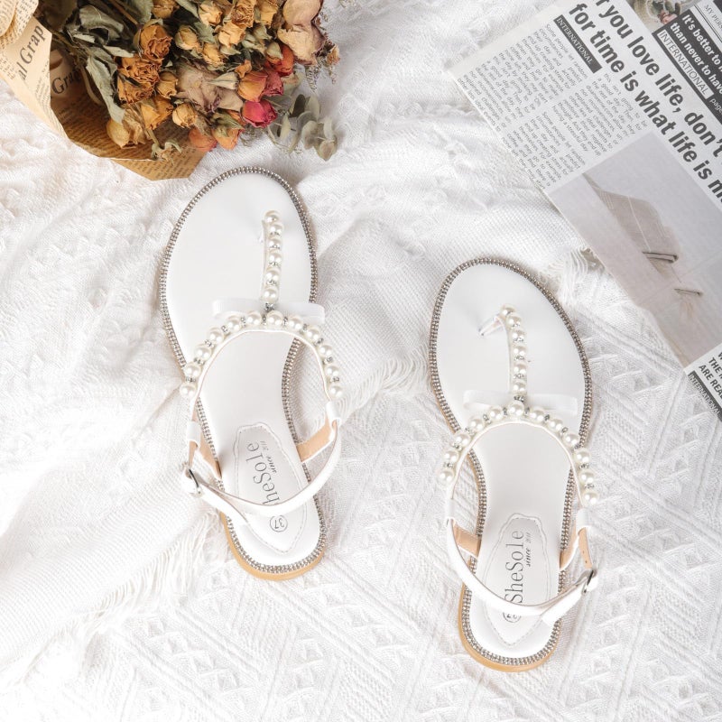 SheSole Women's Pearl T-Strap Bridal White Flat Sandals Beach Wedding Shoes US 9 - Image 5